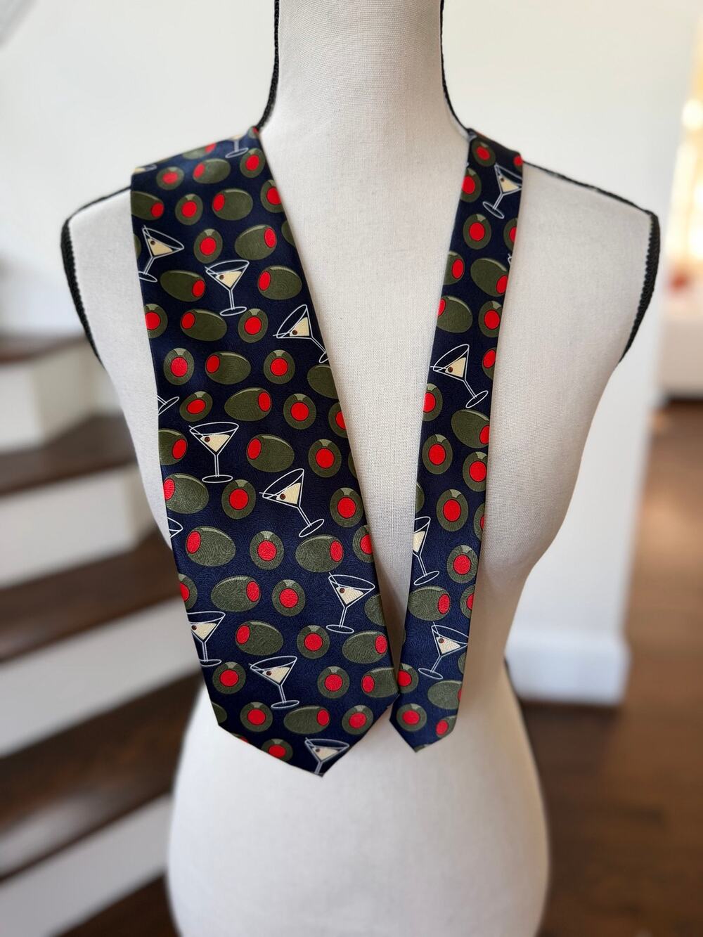Vintage 2005 Ralph Marlin Martini Olive Navy Blue Satin Tie Whimsical